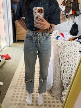 Topshop Light Blue Distressed Straight Leg Jeans